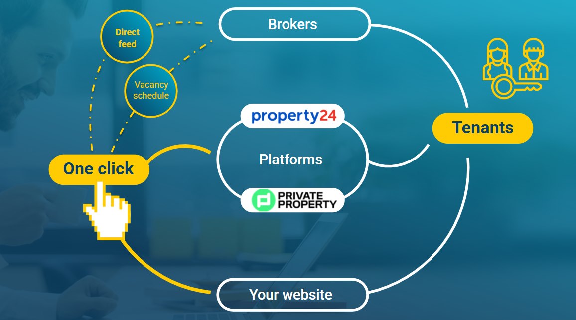 How one click sends your stock out: to brokers by direct feed and vacancy schedule, to Property24 and other platforms, and to your own website, all reaching tenants.
