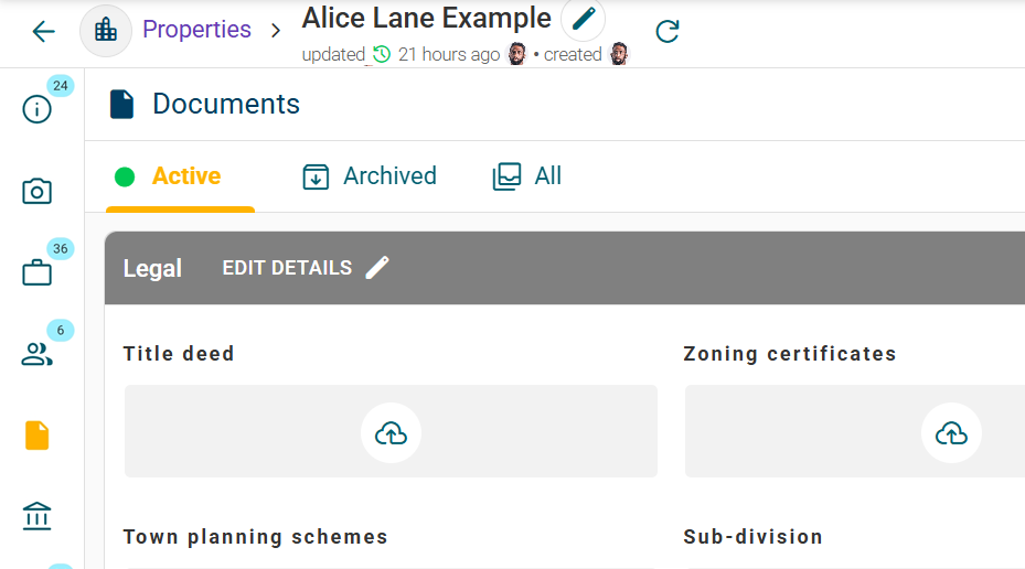 A property's documents in Gmaven, under the property's own header: title deed, zoning certificates, town planning schemes and sub-division, each with its own slot.