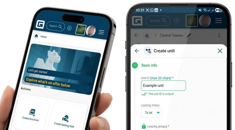 Gmaven on two phones: the home screen's quick actions, and a unit being captured in the create unit wizard.
