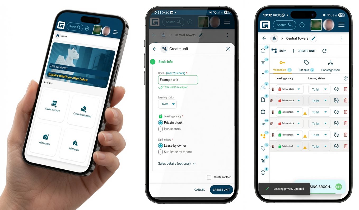 Gmaven on three phones: quick actions on the home screen, a unit being created in the create unit wizard, and a property's units with their leasing privacy and status.