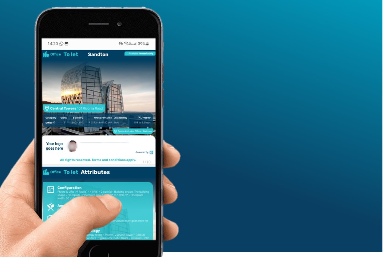 Gmaven on a phone held in one hand: a vacancy with its building photograph, address, floor area, rent and availability, and the property's attributes below.