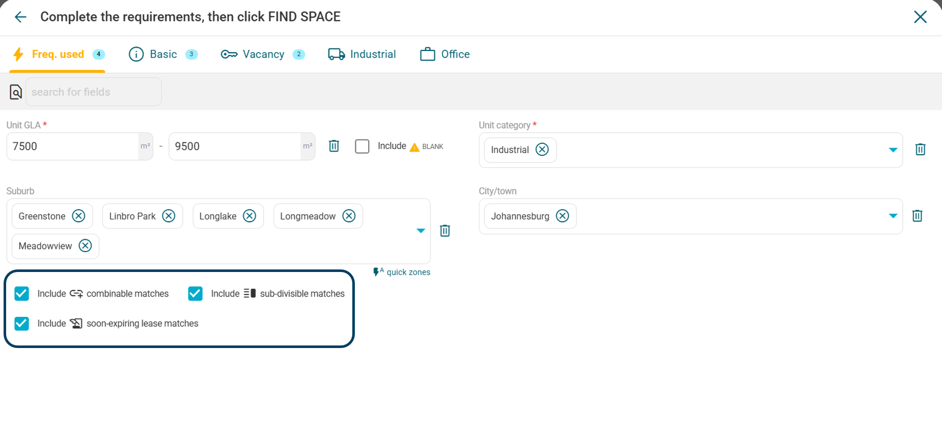The Gmaven space search panel: floor area range, unit category, city and suburbs, and the options to include combinable, sub-divisible and soon-expiring lease matches.